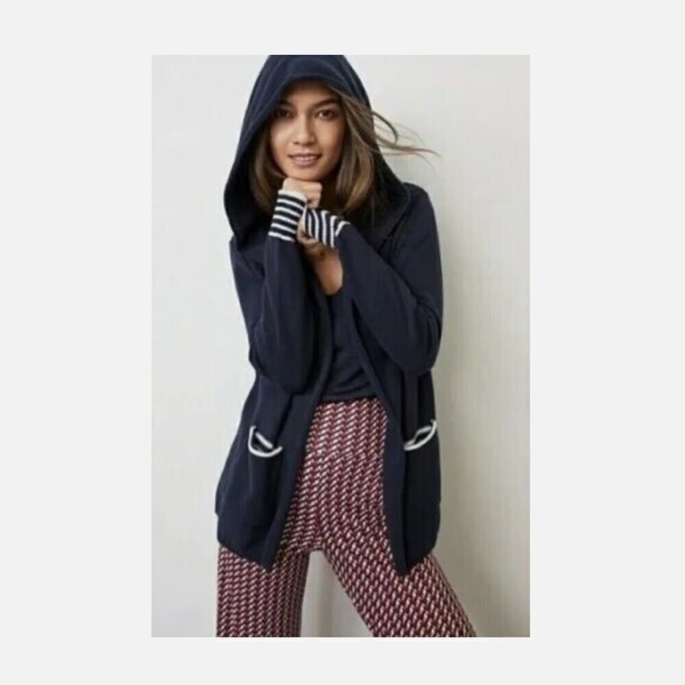 Cabi El Capitan Hooded Cardigan Sweater Navy White Stripe Size Large